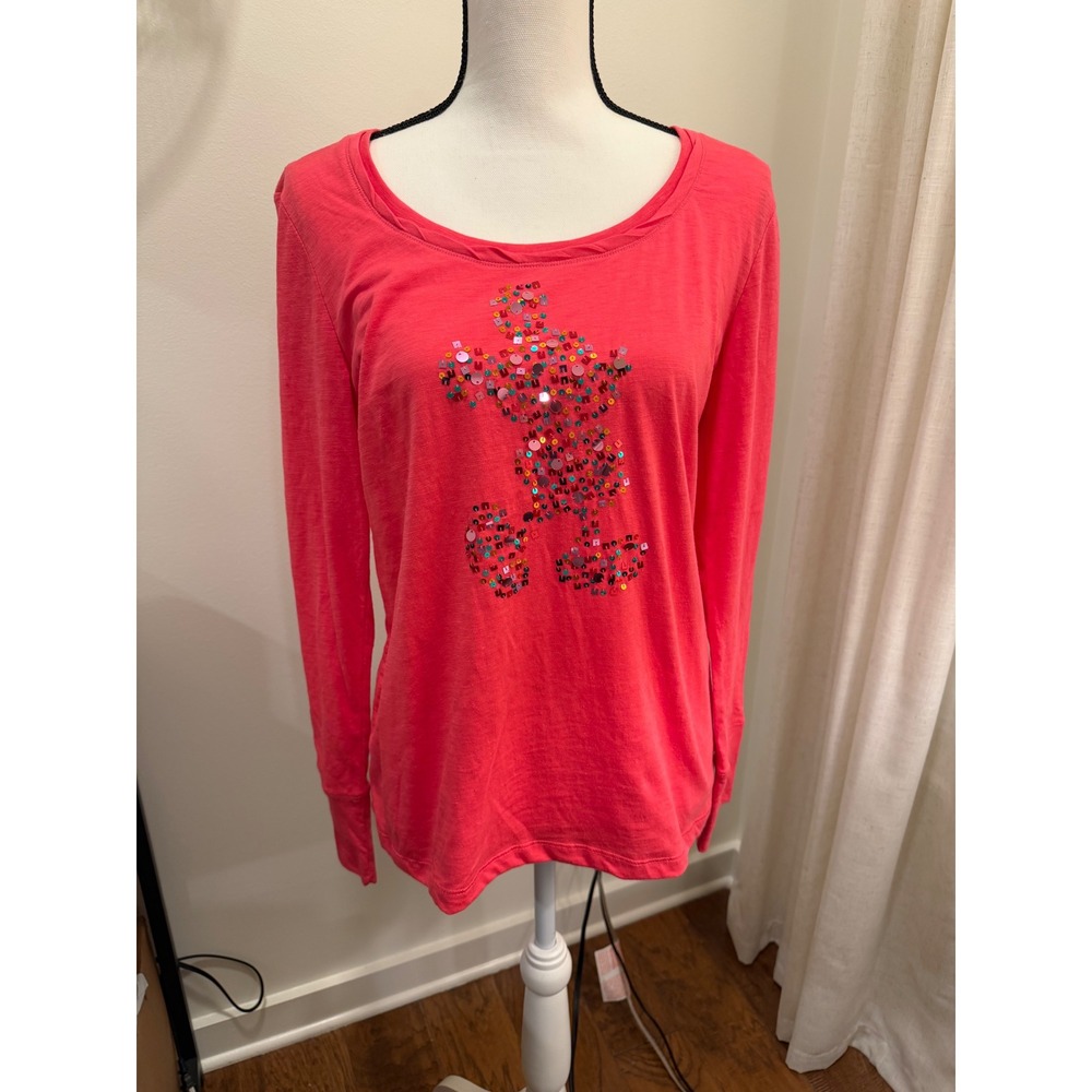Disney Parks Mickey Mouse Sequin Long Sleeve Top Coral Pink Women Large